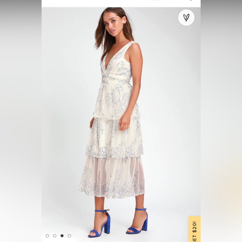Lulu’s - Viviana Blue and White Embroidered Lace Midi Dress